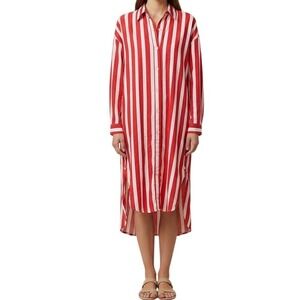 POMANDER PLACE Red White Stripe Button Front Shirt Dress Tunic XS Beach Resort